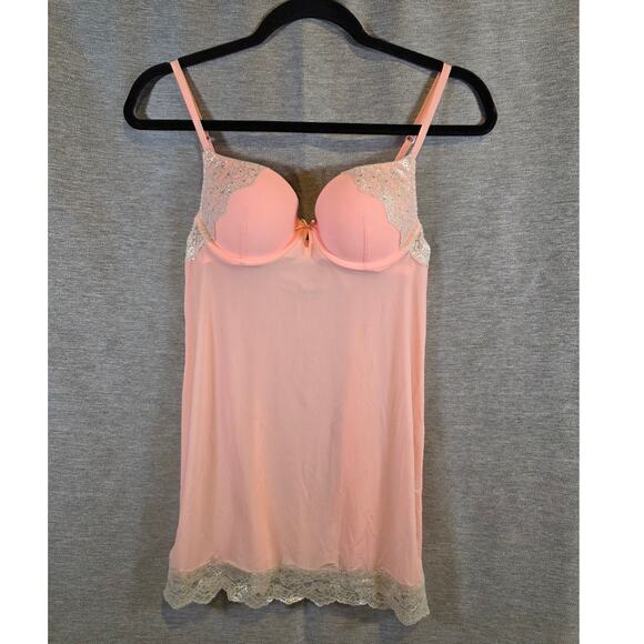 Women Victoria's Secret Size 34B Nightie Pink Peach Lace Rhinestones Push up - Picture 1 of 7